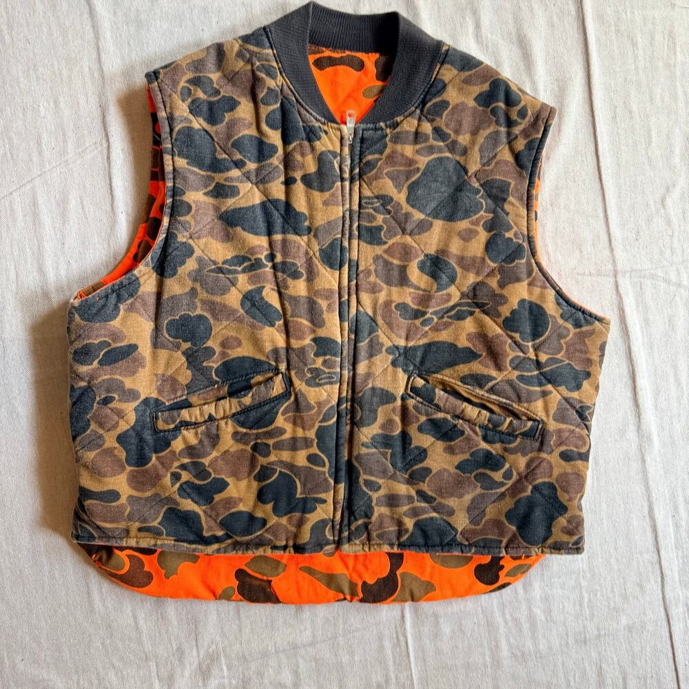 Vintage Vest Men's XL Quilted Duck Camo Hunting Reversible Orange Full Zip 80's